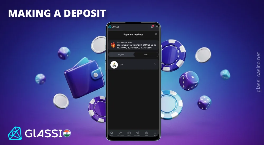 Top up your account in the Glassi Casino app by entering the amount and confirming the payment