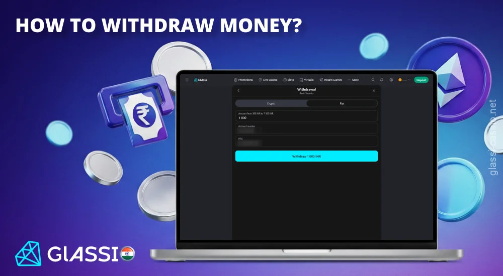 Withdraw money from Glassi Casino by selecting a bank transfer or cryptocurrency and confirming the request